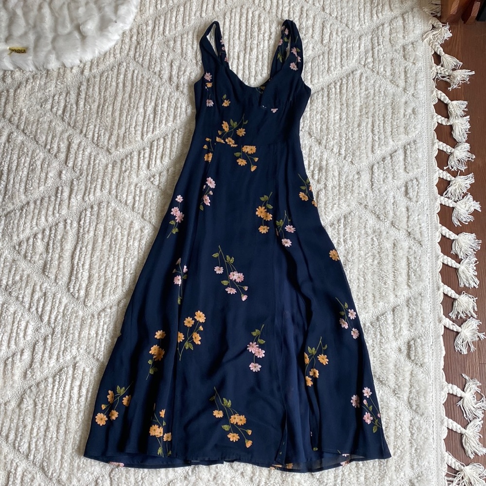 Reformation never worn Fulton midi dress with slit. Blue with floral pattern.
